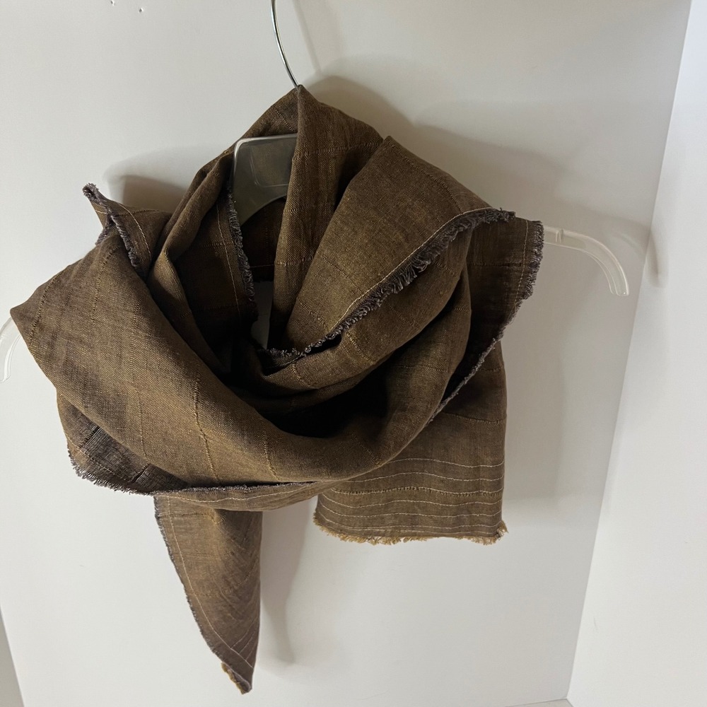 Womens Solitaire‎ Linen Scarf brown OS raw hem 17 x 74" appx Embroidered detail